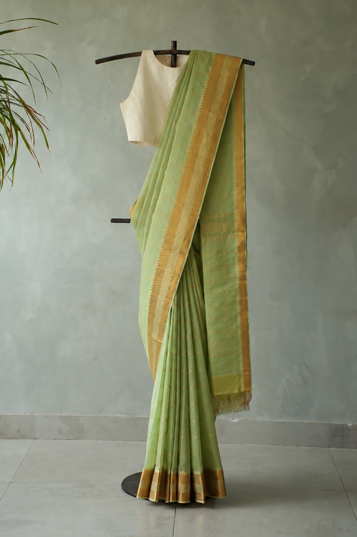Pastel Green and Gold Checks Mangalagiri Silk Cotton with Gold Zari Border Saree