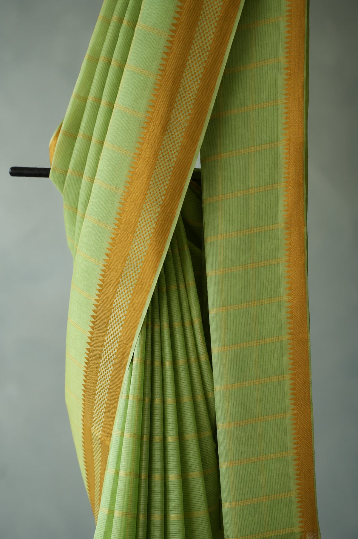 Pastel Green and Gold Checks Mangalagiri Silk Cotton with Gold Zari Border Saree