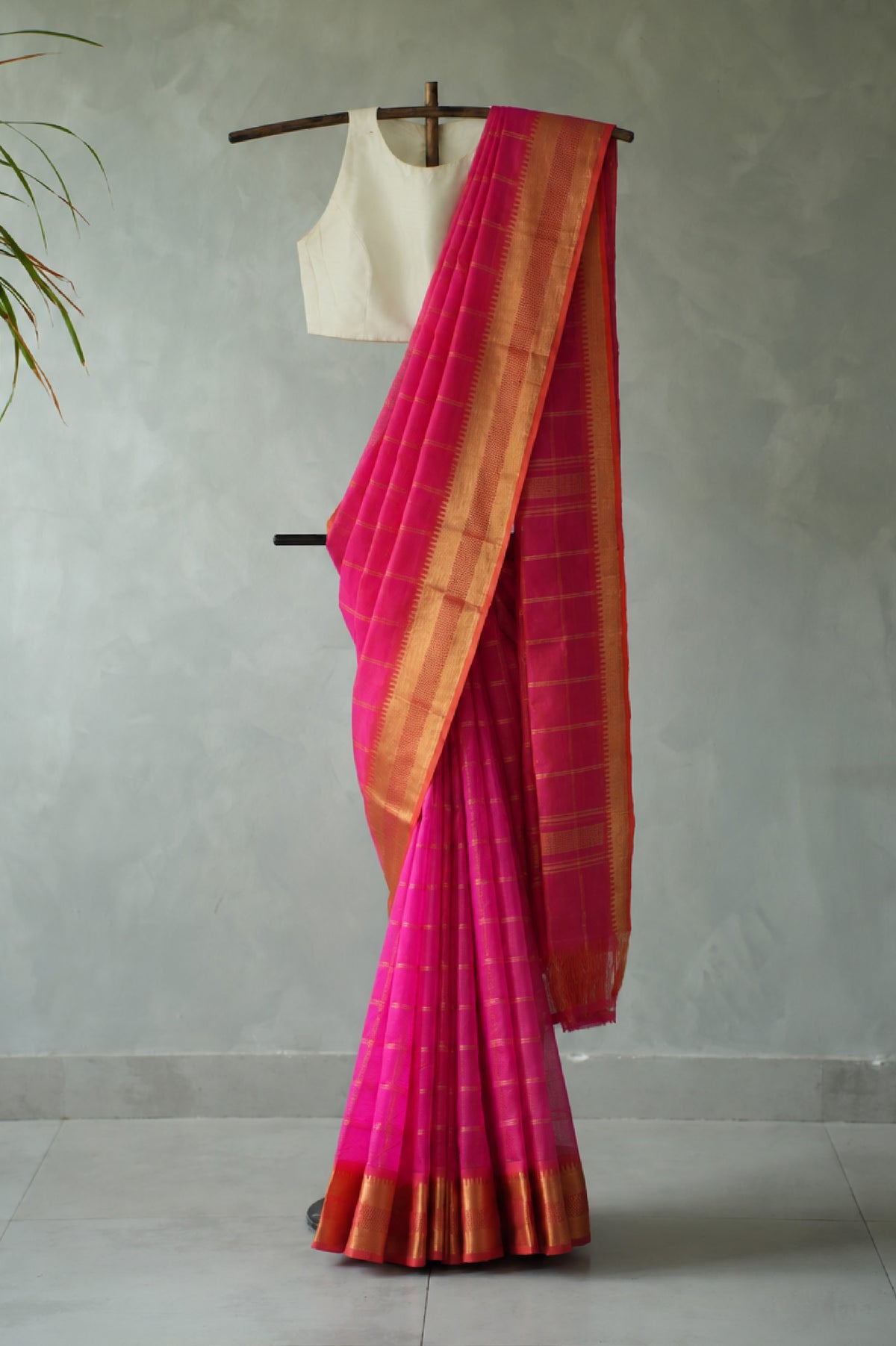Rani Pink Mangalagiri Silk Cotton with Gold Copper Zari Border Saree