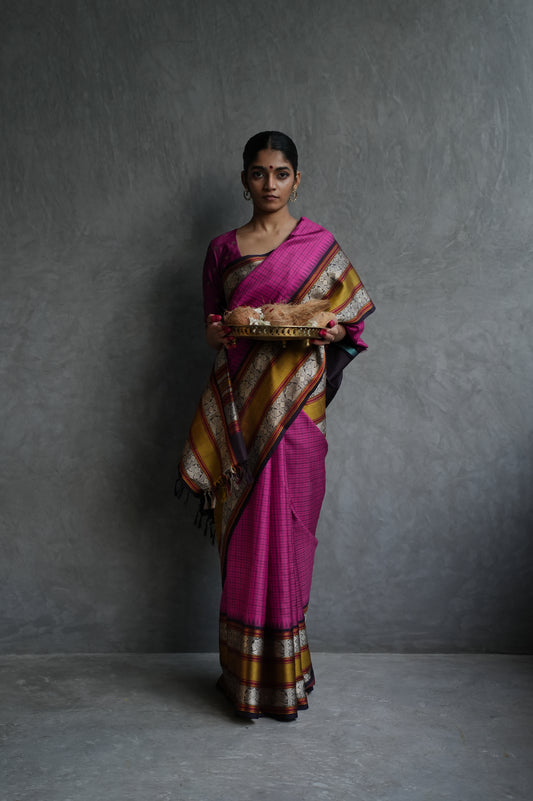 Rani Pink Kanjivaram Silk Saree with Mustard Yellow and Antique Gold Zari Border