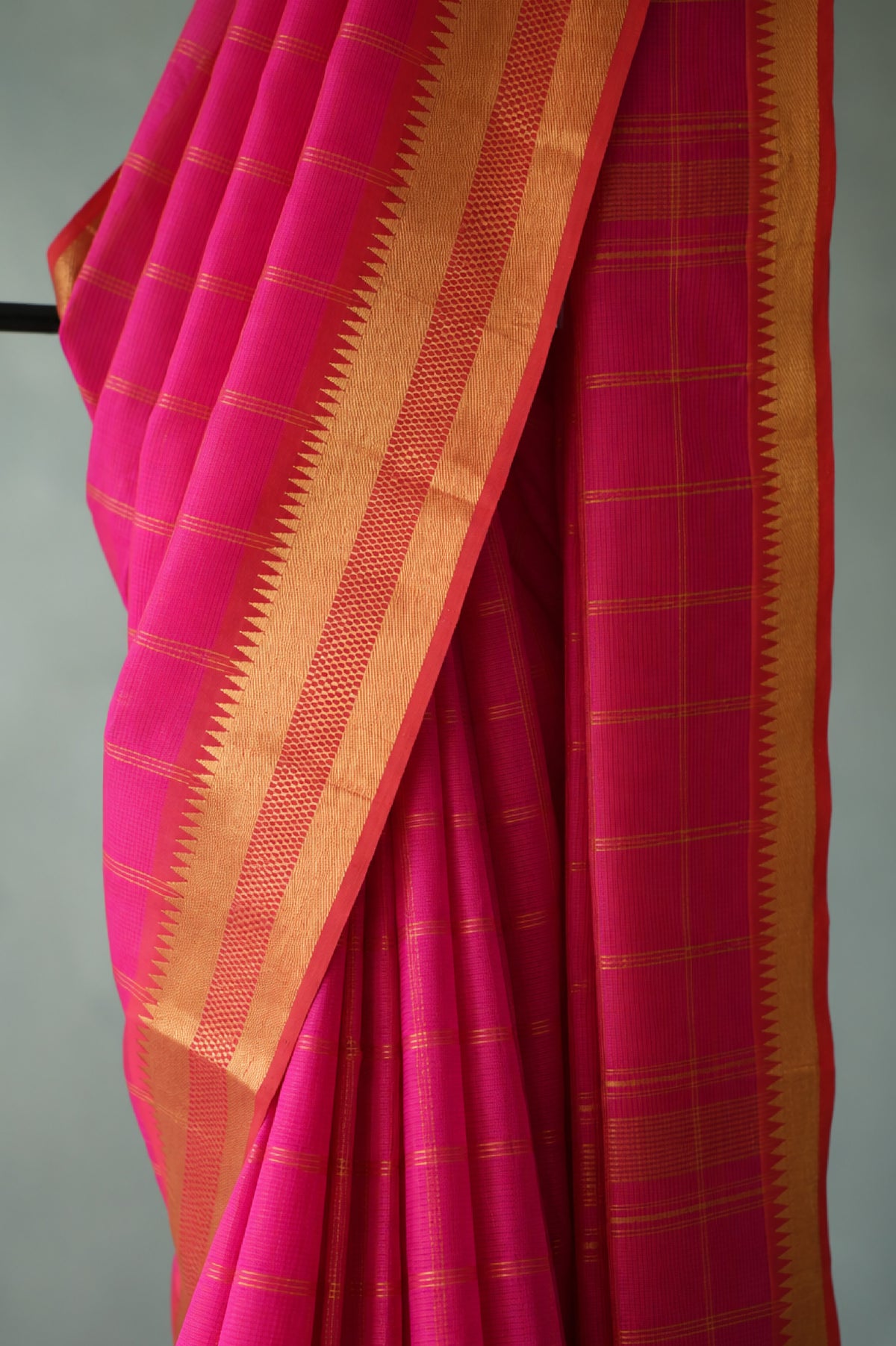 Rani Pink Mangalagiri Silk Cotton with Gold Copper Zari Border Saree
