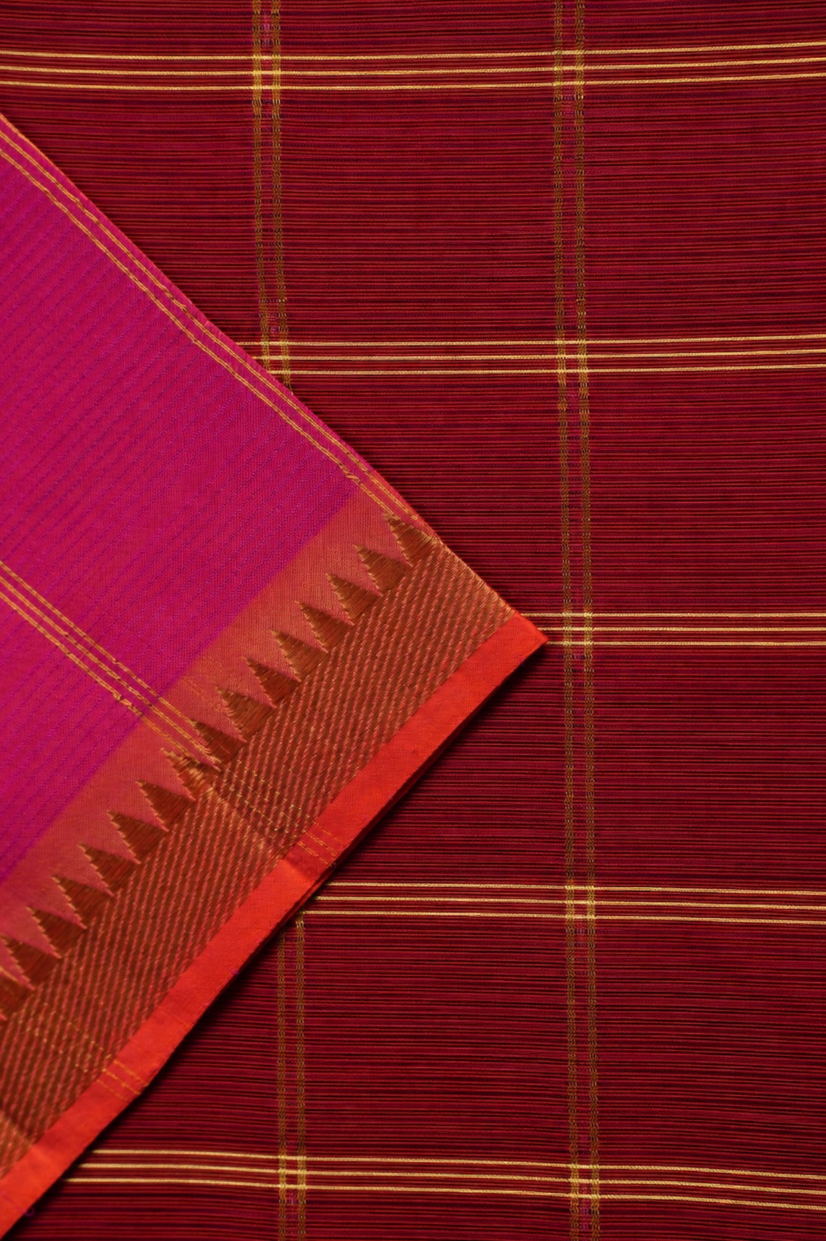 Rani Pink Mangalagiri Silk Cotton with Gold Copper Zari Border Saree