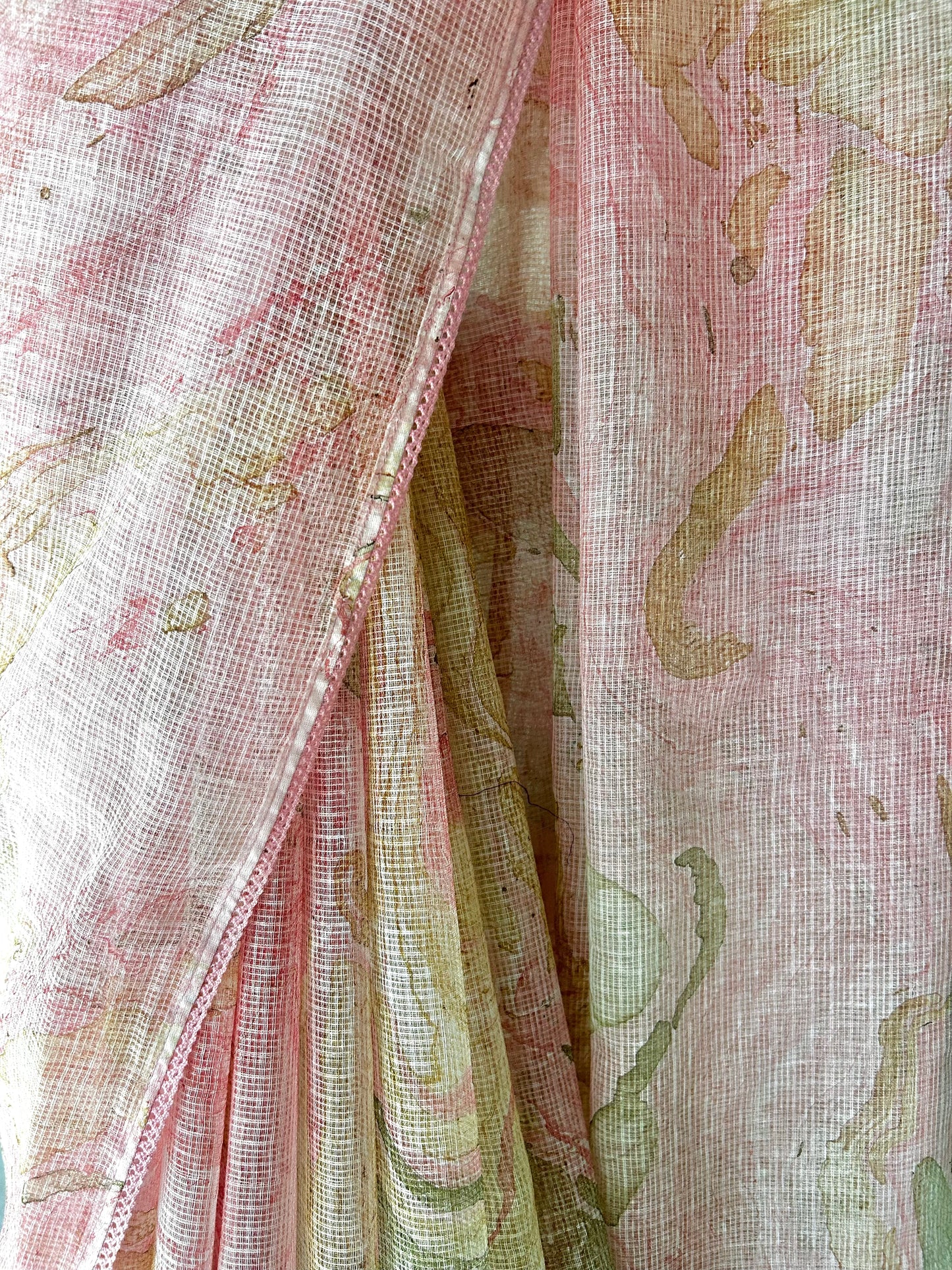 Blush Pink Marble-Painted Kota Cotton Saree with lace trim