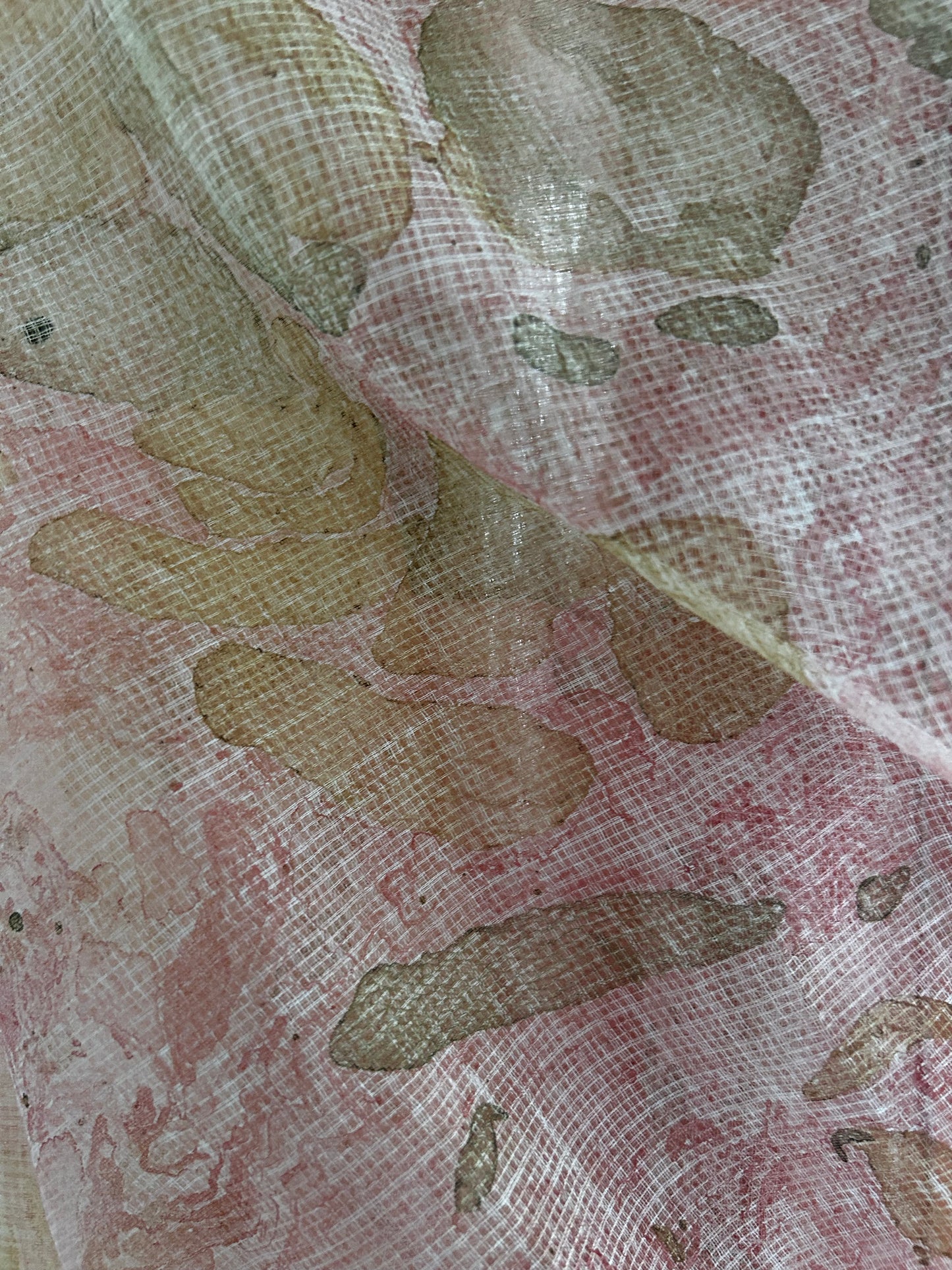 Blush Pink Marble-Painted Kota Cotton Saree with lace trim
