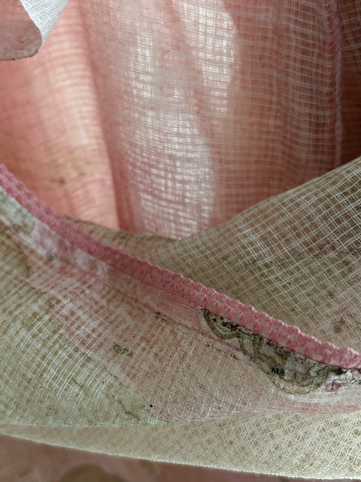 Blush Pink Marble-Painted Kota Cotton Saree with lace trim