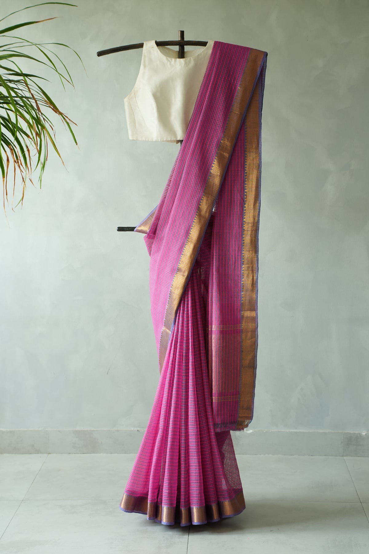 Rani Pink Micro Check Mangalagiri Cotton With Zari and Lavender Border Saree