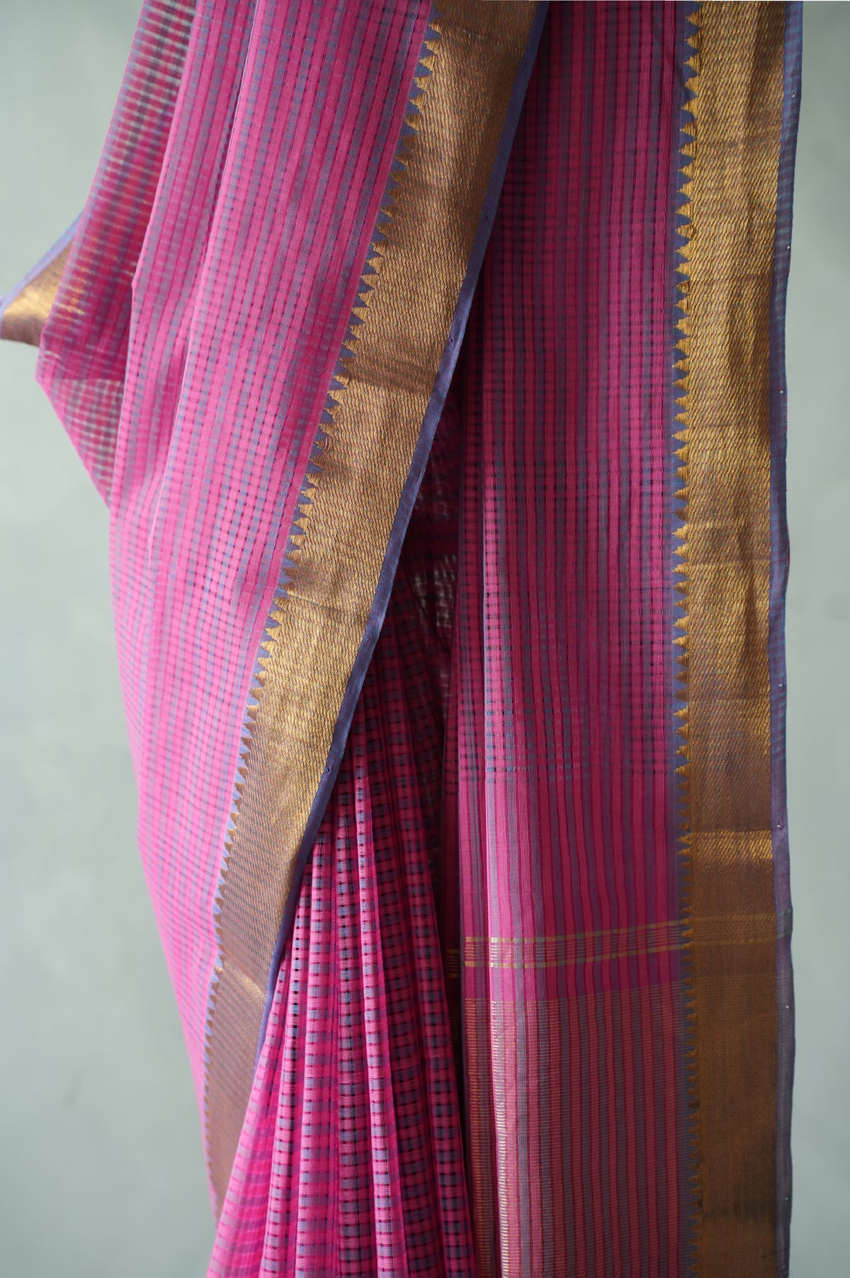 Rani Pink Micro Check Mangalagiri Cotton With Zari and Lavender Border Saree