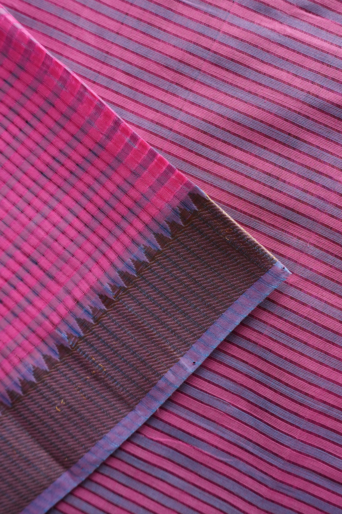 Rani Pink Micro Check Mangalagiri Cotton With Zari and Lavender Border Saree