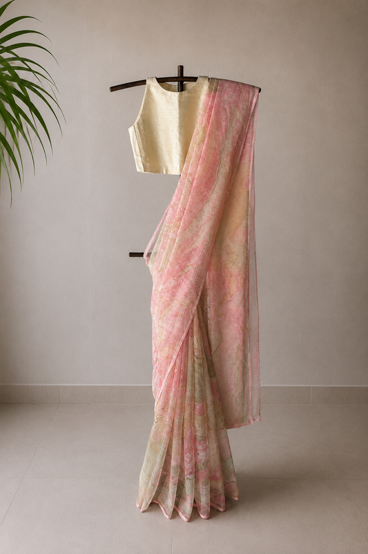 Blush Pink Marble-Painted Kota Cotton Saree with lace trim