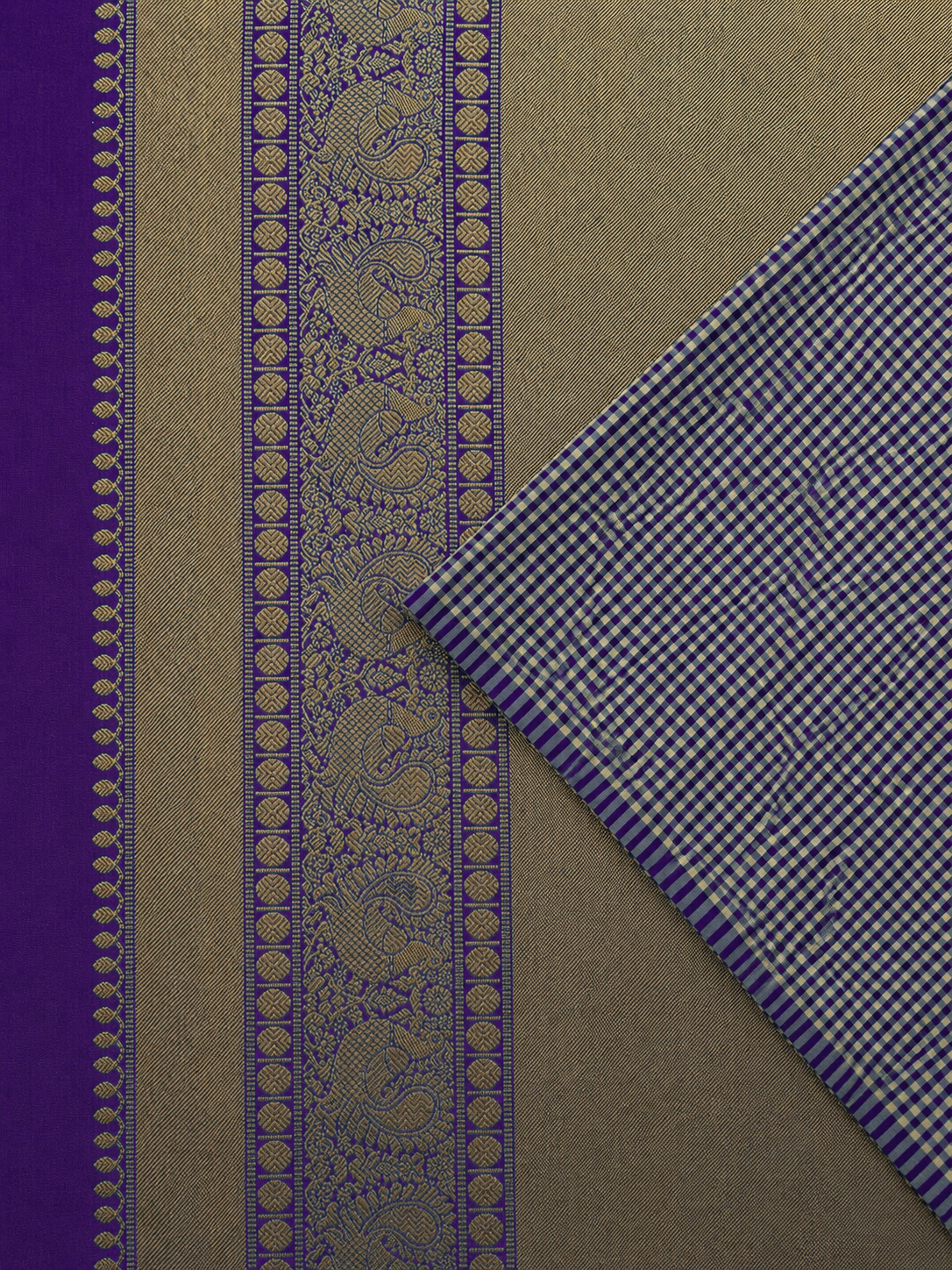 Dark Purple and White Micro-Check Silk Saree with Gold Zari Pallu