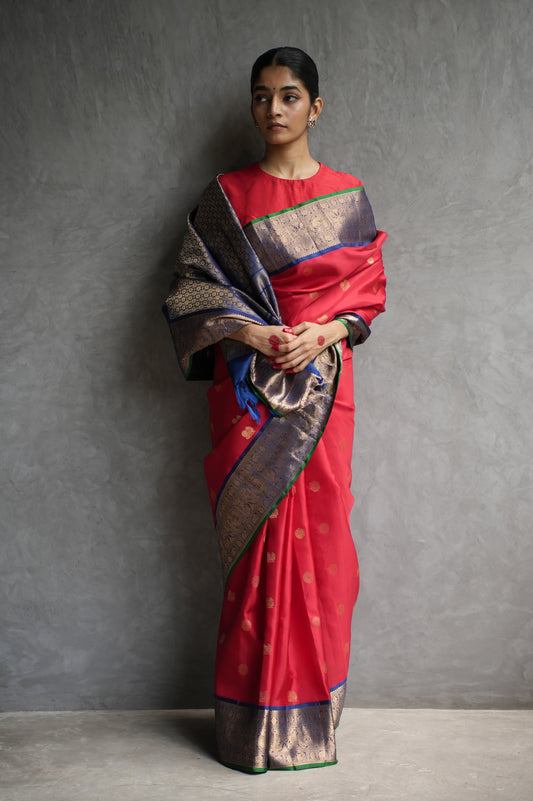 Vermilion Red Kanjivaram Silk Saree with Royal Blue and Gold Zari Border