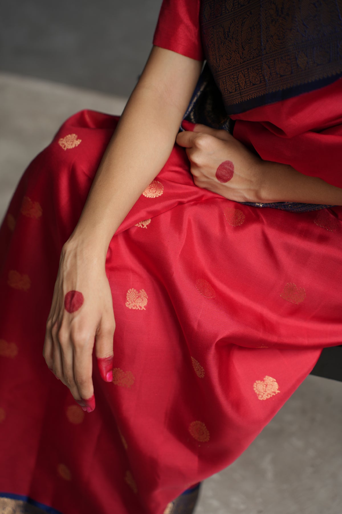Vermilion Red Kanjivaram Silk Saree with Royal Blue and Gold Zari Border