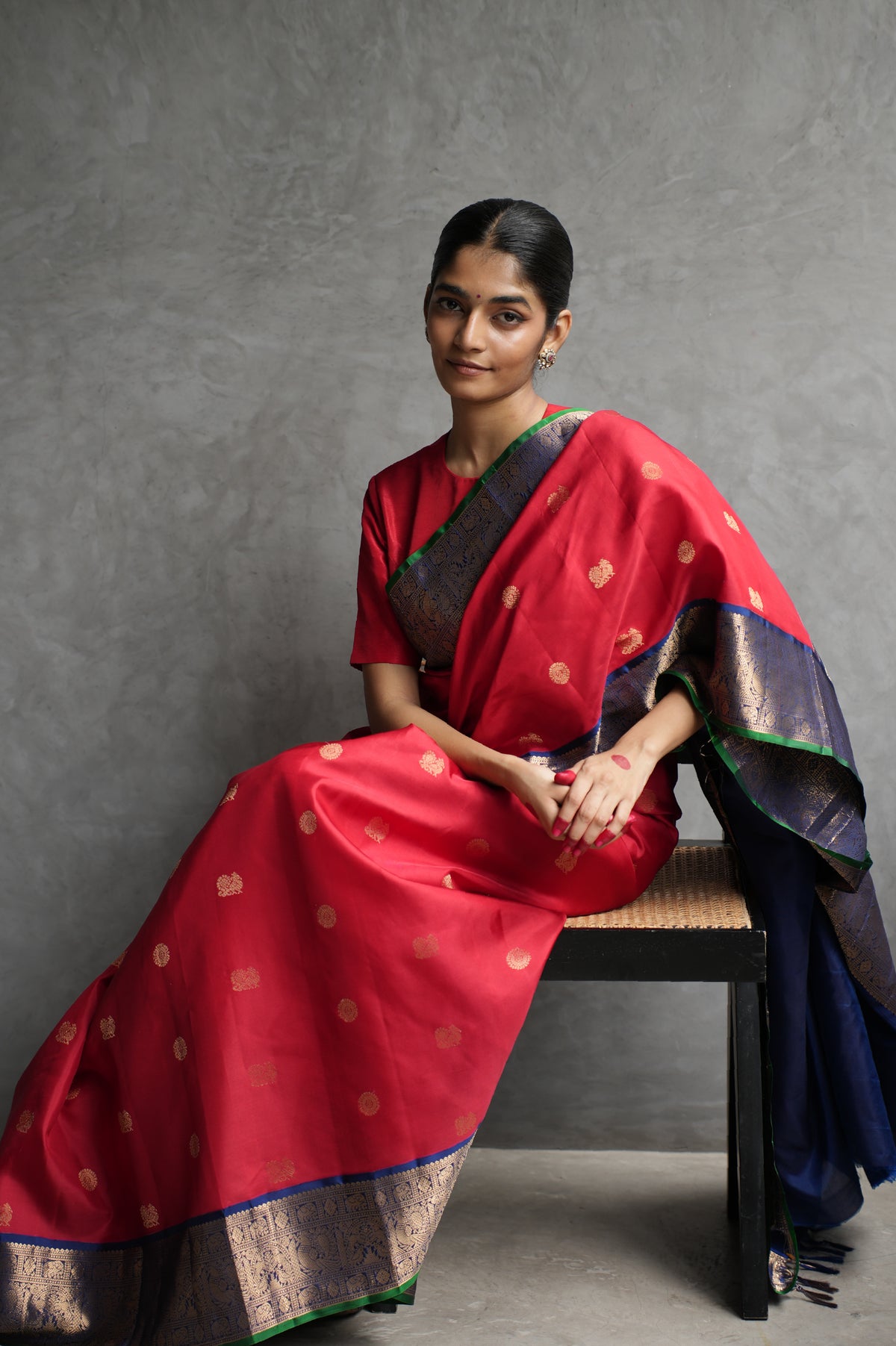 Vermilion Red Kanjivaram Silk Saree with Royal Blue and Gold Zari Border