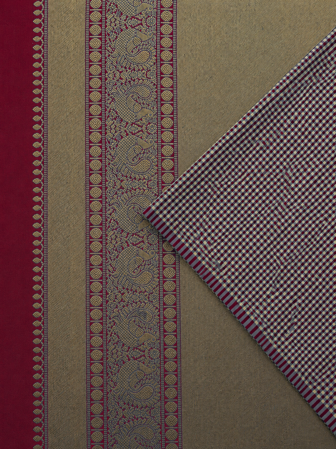 Red and White Micro-Check Silk Saree with Gold Zari Pallu