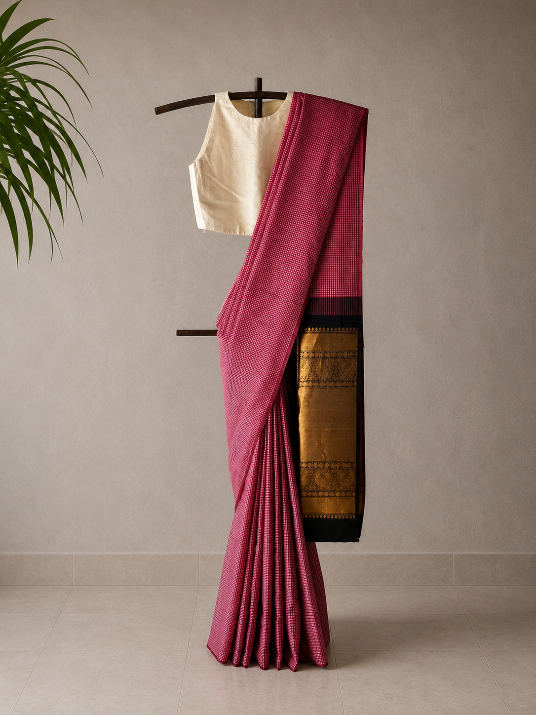 Pink and Red Micro Checks with Black and Gold Pallu