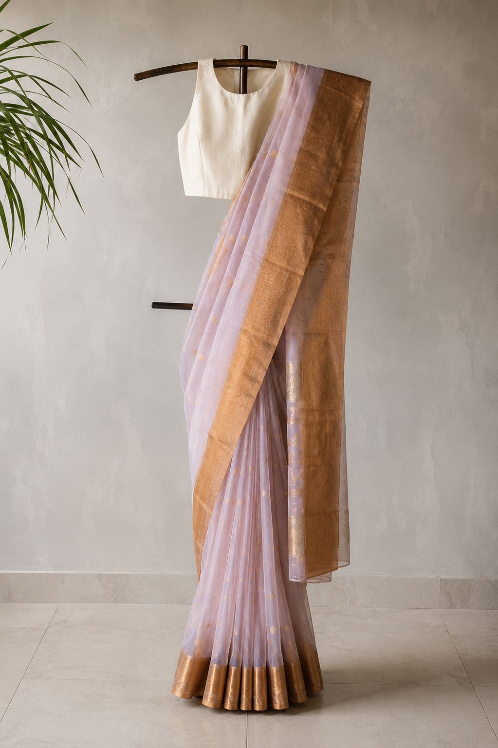 Pale Pink Banaras Organza with Gold Zari Butta Saree
