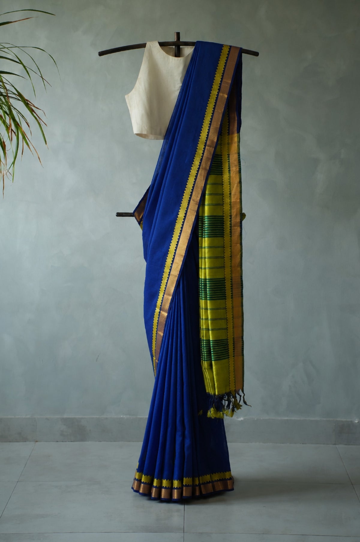 Royal Blue Mangalagiri Silk Cotton with Green and Gold Zari Temple Border Saree