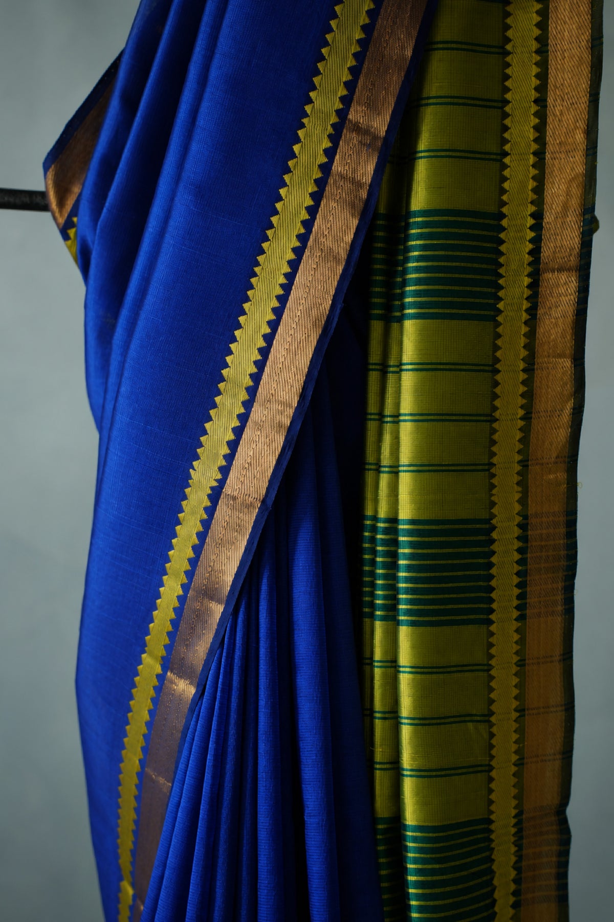 Royal Blue Mangalagiri Silk Cotton with Green and Gold Zari Temple Border Saree