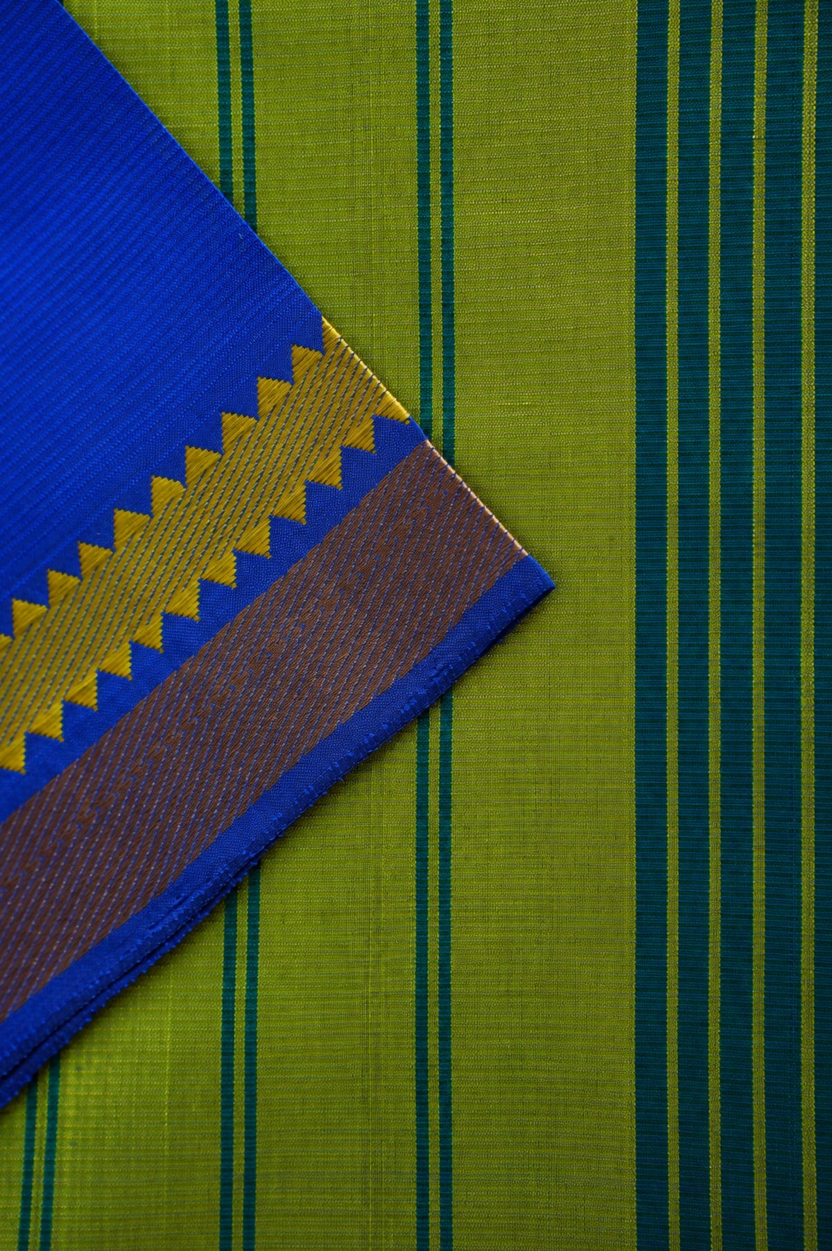 Royal Blue Mangalagiri Silk Cotton with Green and Gold Zari Temple Border Saree