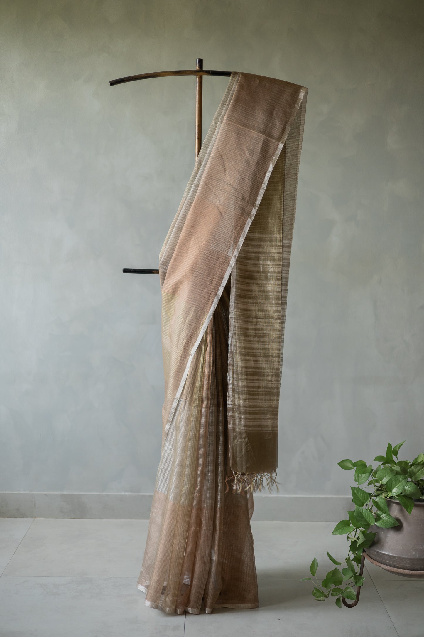 Grey and Brown Silk Cotton All Over Stripes and Checks Saree