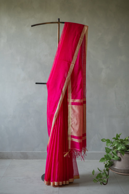 Bright Pink Silk Cotton with Kuchi Checks and Tussar Border Saree
