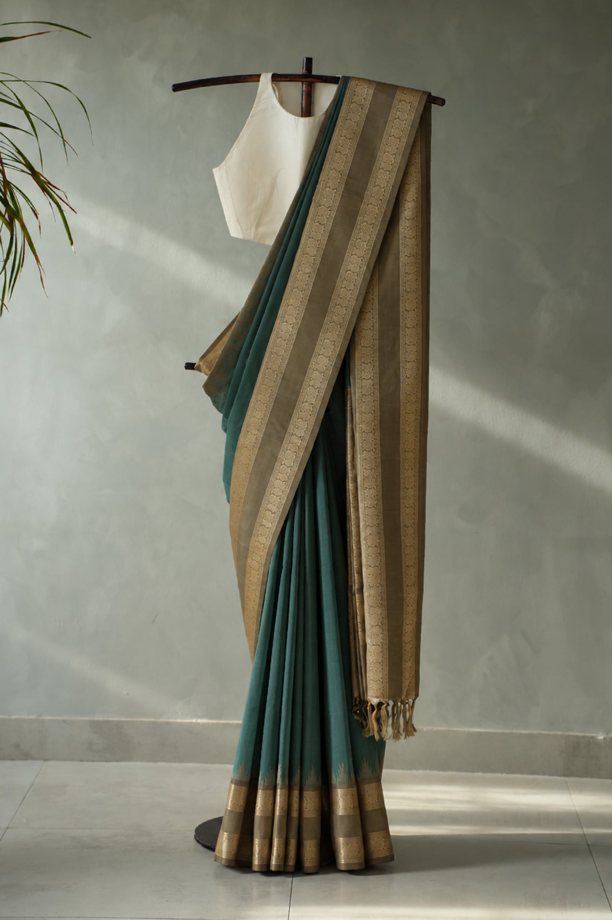 Deep Teal Green Kanchi Cotton with Beige and Gold Zari Border Saree