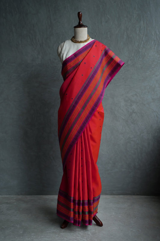 Tomato Red Kanjivaram Silk with Multicolour Thread Work Border Saree