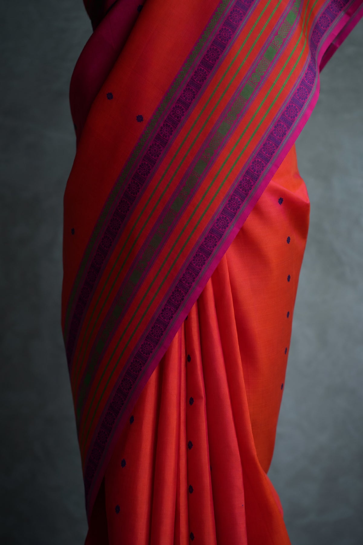 Tomato Red Kanjivaram Silk with Multicolour Thread Work Border Saree