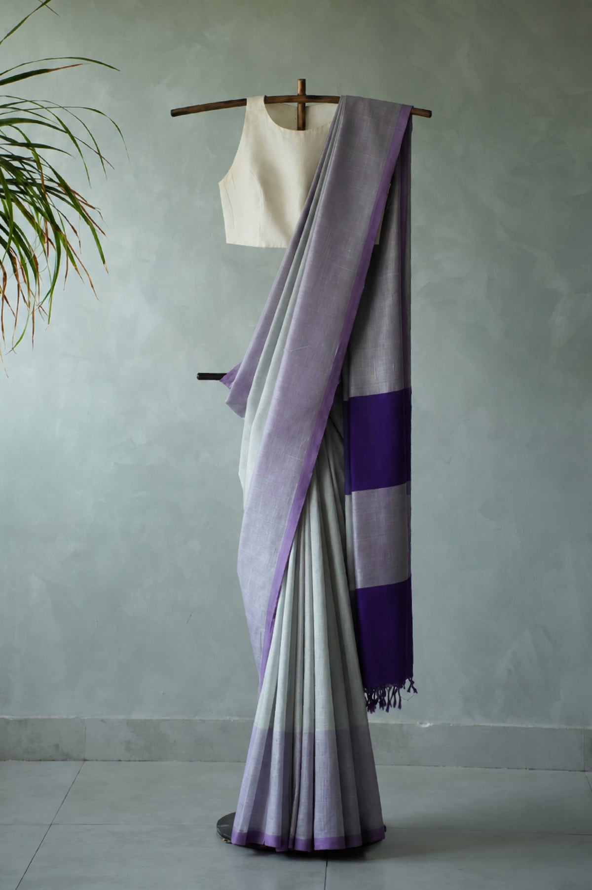 Silver Grey Mangalagiri Silk Cotton with Purple Border and Contrasting Purple Pallu