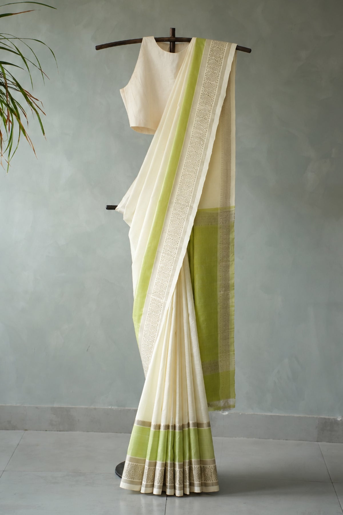 Ivory Mangalagiri Silk Cotton with Light Green and Silver Zari Border Saree