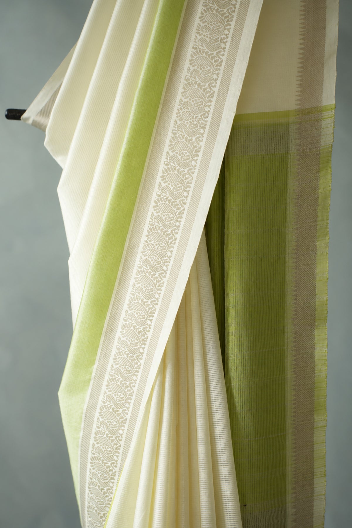 Ivory Mangalagiri Silk Cotton with Light Green and Silver Zari Border Saree
