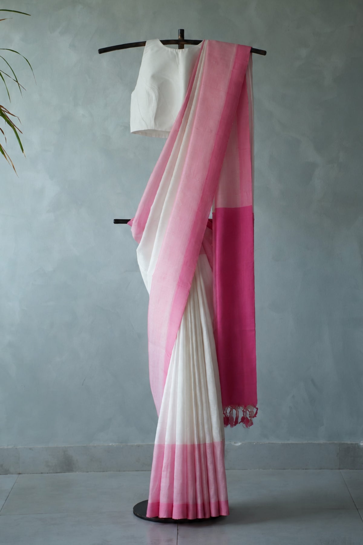 Ivory Mangalagiri Silk Cotton Saree with Pink Border and Contrasting Pink Pallu