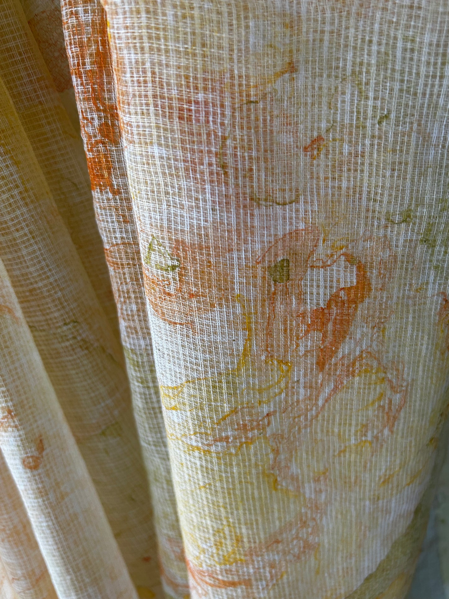 Yellow Marble-Painted Kota Cotton Saree with Delicate Lace Trim