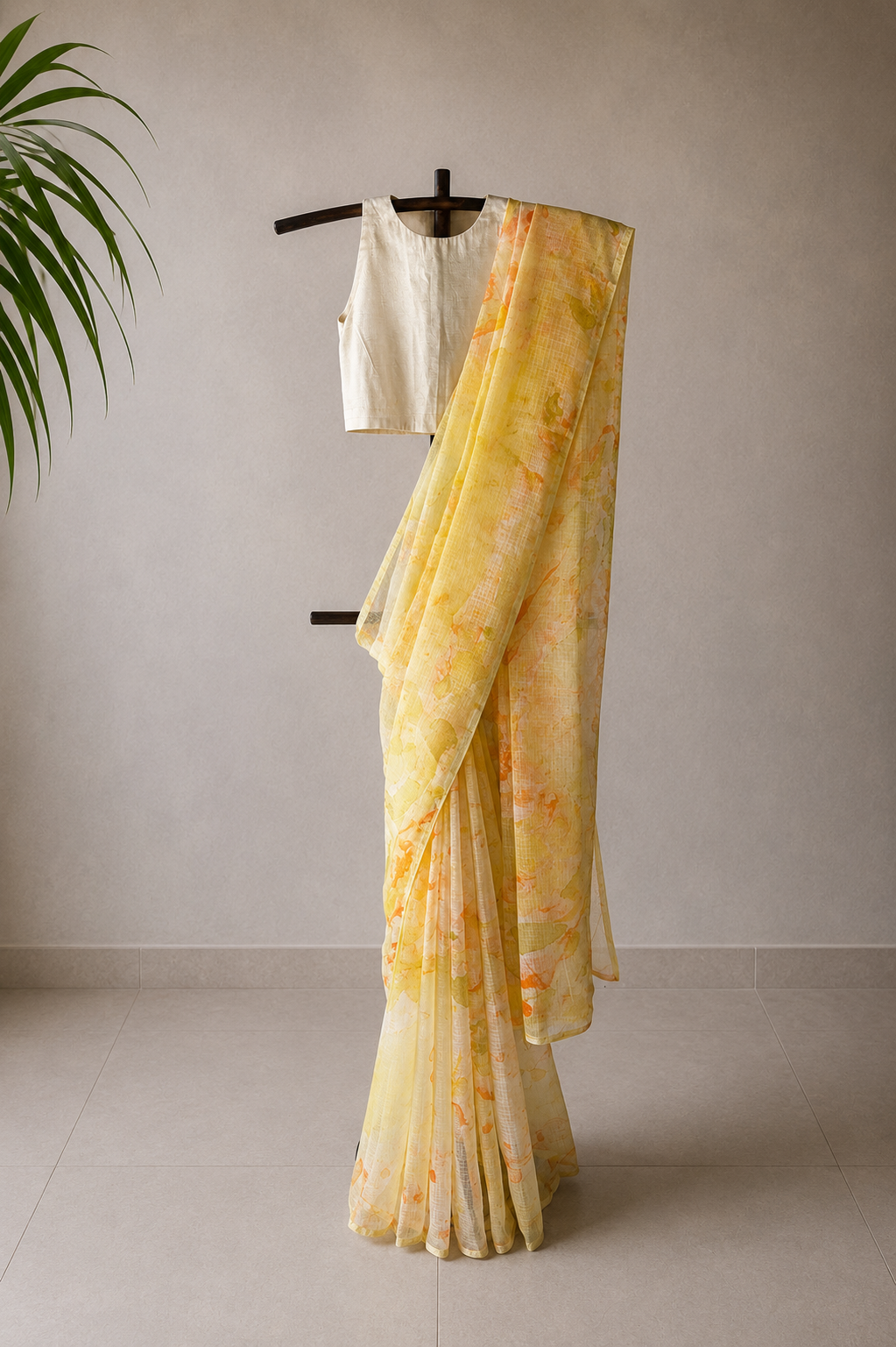 Yellow Marble-Painted Kota Cotton Saree with Delicate Lace Trim